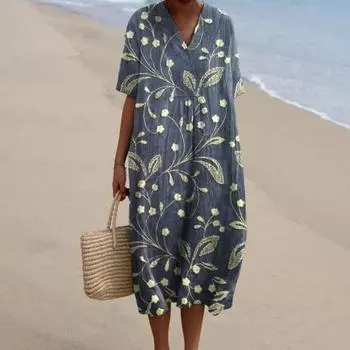 Летнее женское платье с v-образным вырезом и короткими рукавами, свободное винтажное платье с цветочным принтом в богемном стиле, трапециевидной формы длиной до колена, пляжное платье миди для свиданий S синий