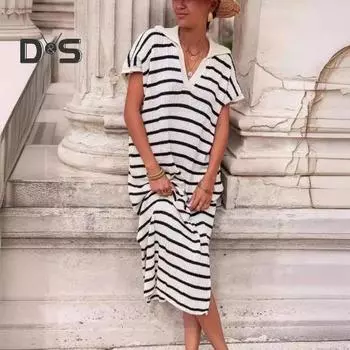 Летнее женское платье с v-образным вырезом и лацканами в полоску с короткими рукавами и разрезом подол длиной до середины икры, свободный пуловер, повседневное повседневное платье миди