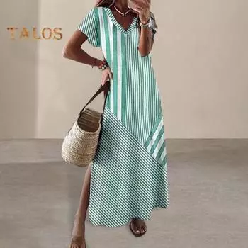 Летнее женское платье с V-образным вырезом и разрезом по бокам, свободное трапециевидное платье с короткими рукавами и полосатым принтом, пуловер длиной до щиколотки, пляжное платье макси для отпуска XL небесно-голубой