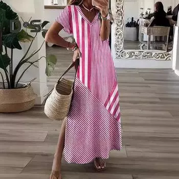 Летнее женское платье с V-образным вырезом и разрезом по бокам, свободное трапециевидное платье с короткими рукавами и полосатым принтом, пуловер длиной до щиколотки, пляжное платье макси для отпуска XL небесно-голубой