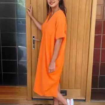 Летнее женское платье с V-образным вырезом, мешковатое однотонное свободное платье с короткими рукавами, быстросохнущее трапециевидное платье длиной до середины икры, повседневная повседневная одежда, платье миди 2XL темно-синий