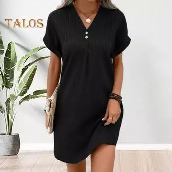 Летнее женское платье с V-образным вырезом и пуговицами с короткими рукавами Свободный однотонный пуловер Повседневная повседневная одежда Мини-платье для свиданий S темно-красного