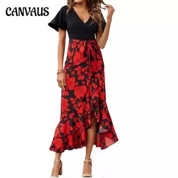 Летнее женское платье с v-образным вырезом в стиле пэчворк и нерегулярным открытым платьем с короткими рукавами и принтом