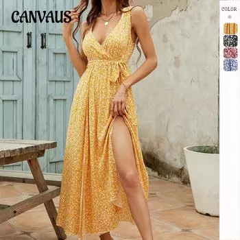 Летнее женское платье с v-образным вырезом и цветочным темпераментом, элегантная длинная юбка с принтом S синий