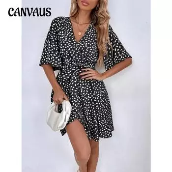 Летнее женское платье с v-образным вырезом и коротким рукавом с баской и талией S хаки