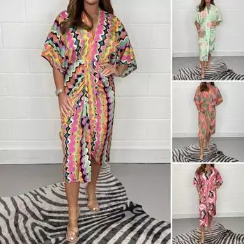 Летнее женское платье с V-образным вырезом и красочным принтом, высокой талией и короткими рукавами, платье миди длиной до середины икры с разрезом по подолу, для вечеринок и свиданий 3XL