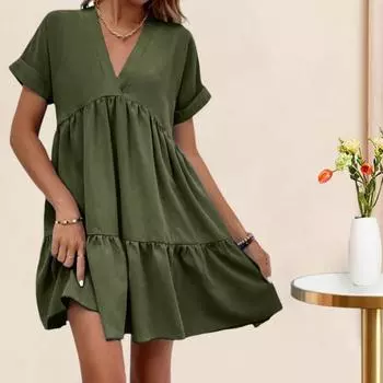 Летнее женское платье с V-образным вырезом и короткими рукавами, свободное трапециевидное платье с большим распашным лоскутным подолом, однотонное плиссированное мини-платье для свиданий, отпуска, пляжа 2XL зелёный