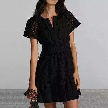 Летнее женское платье с V-образным вырезом и короткими рукавами, трапециевидным вырезом и кружевом, чистый цвет, с рюшами S белый