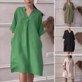 Летнее женское платье с v-образным вырезом, девятым рукавом, трапециевидной формы, свободное однотонное платье с боковыми карманами, пуловер длиной до колена, повседневное платье миди L чёрный