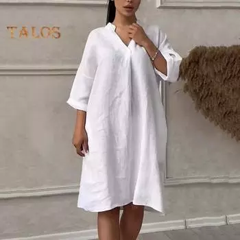 Летнее женское платье с v-образным вырезом, девятым рукавом, трапециевидной формы, свободное однотонное платье с боковыми карманами, пуловер длиной до колена, повседневное платье миди L чёрный