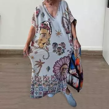 Летнее женское платье с V-образным вырезом и короткими рукавами, свободный пуловер в стиле ретро с этническим принтом до щиколотки, повседневный повседневный XL белый