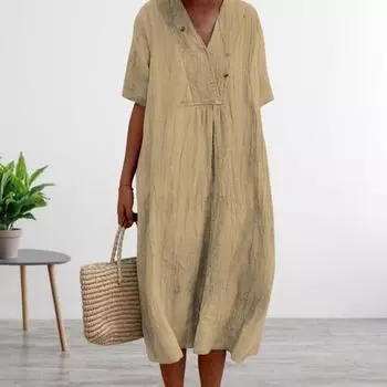 Летнее женское платье с V-образным вырезом и короткими рукавами, сплошной цвет, большой подол, свободный пуловер, повседневная одежда, платье миди, длинное платье для свиданий и поездок на работу S хаки