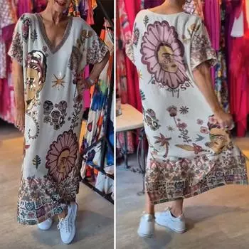 Летнее женское платье с V-образным вырезом и короткими рукавами, свободный пуловер в стиле ретро с этническим принтом до щиколотки, повседневный повседневный XL белый