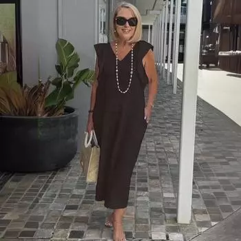 Летнее женское платье с v-образным вырезом, свободное однотонное богемное платье до середины икры с летящими рукавами, мягкое дышащее пляжное платье миди для отдыха XL чёрный