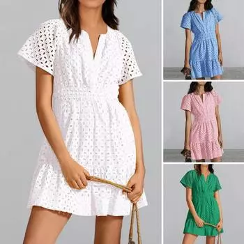 Летнее женское платье с V-образным вырезом и короткими рукавами с вырезом А-силуэта и кружевом Чистый цвет с рюшами и узкой талией Отпуск Праздник Пляжное мини-платье Короткое платье для вечеринки M чёрный