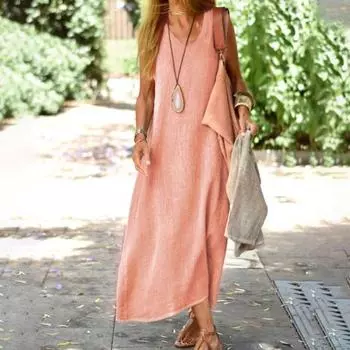 Летнее женское платье с V-образным вырезом без рукавов, свободный жилет до щиколотки, чистый цвет, пуловер трапециевидной формы, пляжное платье макси для отдыха XL розовый