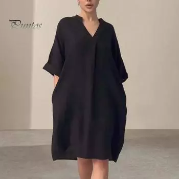 Летнее женское платье с v-образным вырезом, девятым рукавом, трапециевидной формы, свободное однотонное платье с боковыми карманами, пуловер длиной до колена, повседневное платье миди L чёрный