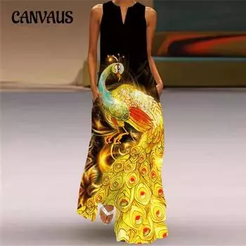 Летнее женское платье с V-образным вырезом и принтом без рукавов, длинное платье S