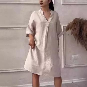 Летнее женское платье с v-образным вырезом, девятым рукавом, трапециевидной формы, свободное однотонное платье с боковыми карманами, пуловер длиной до колена, повседневное платье миди M абрикосовый