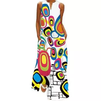 Летнее женское платье с V-образным вырезом и трапециевидной формой, свободное, без рукавов, с красочным принтом, макси XXXL