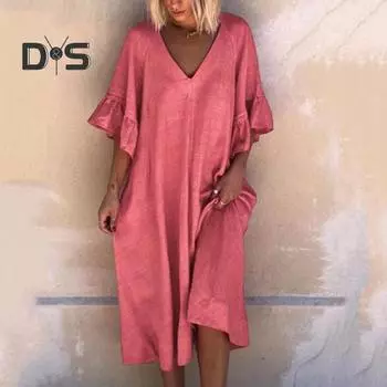 Летнее женское платье с V-образным вырезом и рюшами в стиле пэчворк на манжетах Свободное однотонное трапециевидное платье с большими распашными рукавами в форме полурога Повседневный пуловер Повседневная одежда Платье миди 3XL темно-синий