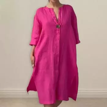 Летнее женское платье с v-образным вырезом и боковым разрезом, свободный пуловер на пуговицах, чистый цвет, с длинными рукавами, повседневное платье-миди 2XL розы красного