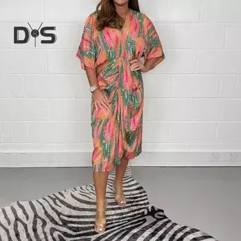 Летнее женское платье с V-образным вырезом и красочным принтом, высокой талией и короткими рукавами, платье миди длиной до середины икры с разрезом по подолу, для вечеринок и свиданий 3XL розовый