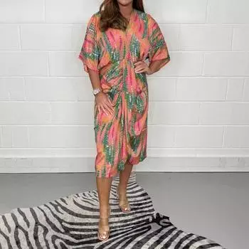 Летнее женское платье с V-образным вырезом и красочным принтом, высокой талией и короткими рукавами, платье миди длиной до середины икры с разрезом по подолу, для вечеринок и свиданий 3XL розовый
