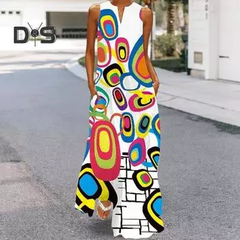 Летнее женское платье с V-образным вырезом, А-силуэта, большое свободное платье макси без рукавов с красочным принтом и карманами, повседневное длинное платье для отпуска больших размеров XXXL A