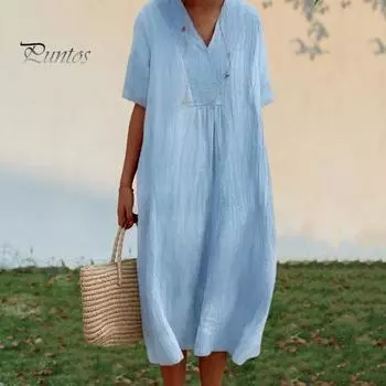 Летнее женское платье с V-образным вырезом и короткими рукавами, сплошной цвет, большой подол, свободный пуловер, повседневная одежда, платье миди, длинное платье для свиданий и поездок на работу S хаки