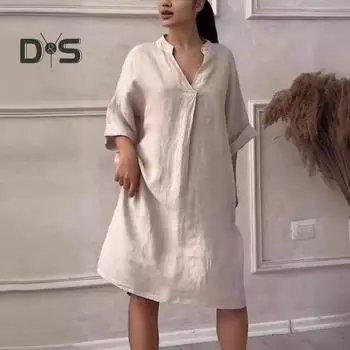 Летнее женское платье с v-образным вырезом, девятым рукавом, трапециевидной формы, свободное однотонное платье с боковыми карманами, пуловер длиной до колена, повседневное платье миди L чёрный