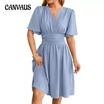 Летнее женское платье с V-образным вырезом, расклешенными рукавами, модные платья S чёрный