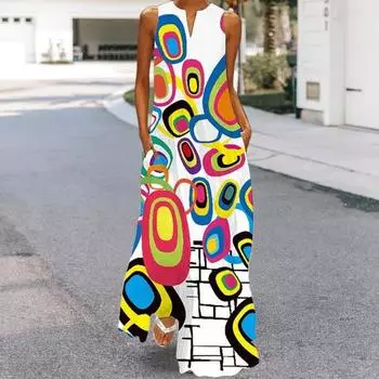 Летнее женское платье с V-образным вырезом, А-силуэта, большое свободное платье макси без рукавов с красочным принтом и карманами, повседневное длинное платье для отпуска больших размеров XXXL A