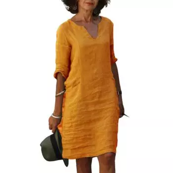 Летнее женское платье с v-образным вырезом и рукавами три четверти, свободное однотонное платье длиной до колена, простой стиль, повседневная одежда, повседневное платье миди S оранжевый