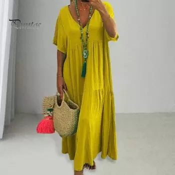 Летнее женское платье с V-образным вырезом, плиссированное, с короткими рукавами, свободное однотонное, нерегулярное, с большим подолом, в стиле пэчворк, повседневное пуловерное платье-макси трапециевидной формы 2XL оранжевый