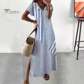 Летнее женское платье с V-образным вырезом и разрезом по бокам, свободное трапециевидное платье с короткими рукавами и полосатым принтом, пуловер длиной до щиколотки, пляжное платье макси для отпуска XL небесно-голубой
