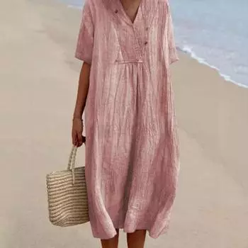 Летнее женское платье с v-образным вырезом и коротким рукавом, свободный пуловер трапециевидной формы, чистый цвет, длина до середины икры, повседневное повседневное платье-миди L зелёный