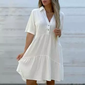 Летнее женское платье с V-образным вырезом и лацканами, плиссированное лоскутное подол, однотонное свободное платье трапециевидной формы с короткими рукавами и длиной до колена, платье миди XL чёрный