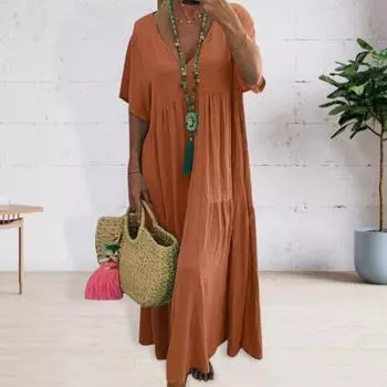 Летнее женское платье с V-образным вырезом, плиссированное, с короткими рукавами, свободное однотонное, нерегулярное, с большим подолом, в стиле пэчворк, повседневное пуловерное платье-макси трапециевидной формы 2XL оранжевый