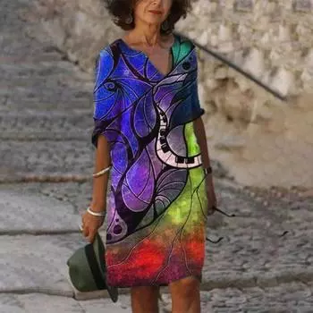 Летнее женское платье с V-образным вырезом Свободное художественное масло Картина с цветочным принтом Половина рукава Дышащее мягкое повседневное мини-платье для ежедневных поездок Короткое платье 2XL фиолетовый