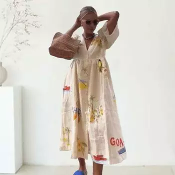 Летнее женское платье с v-образным вырезом и короткими рукавами, свободное плиссированное лоскутное однобортное платье с принтом в молодом стиле, пляжное платье миди для отпуска M белый