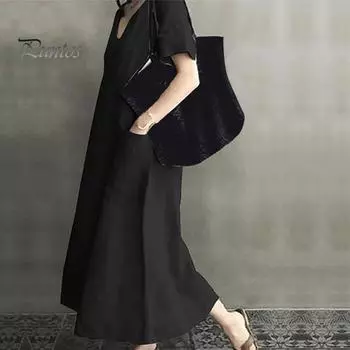 Летнее женское платье с V-образным вырезом, свободные короткие рукава, карманы до щиколотки, чистый цвет, большой подол, винтажный пуловер, повседневная одежда, платье макси XL розовый