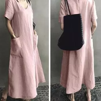 Летнее женское платье с V-образным вырезом, свободные короткие рукава, карманы до щиколотки, чистый цвет, большой подол, винтажный пуловер, повседневная одежда, платье макси 3XL розовый