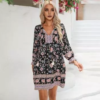 Летнее женское платье с V-образным вырезом в богемном стиле с цветочным принтом и шнуровкой с кисточками и длинными рукавами трапециевидной формы, свободное пляжное мини-платье для отпуска, повседневное короткое платье S