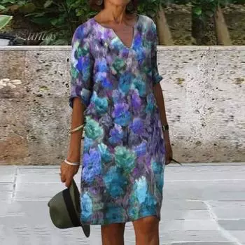 Летнее женское платье с V-образным вырезом Свободное художественное масло Картина с цветочным принтом Половина рукава Дышащее мягкое повседневное мини-платье для ежедневных поездок Короткое платье 2XL фиолетовый