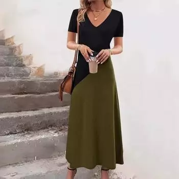 Летнее женское платье с v-образным вырезом и трапециевидным вырезом, свободный подол, лоскутное платье соответствующего цвета, свободное с короткими рукавами, повседневное макси-платье для свиданий и отпуска L зелёный