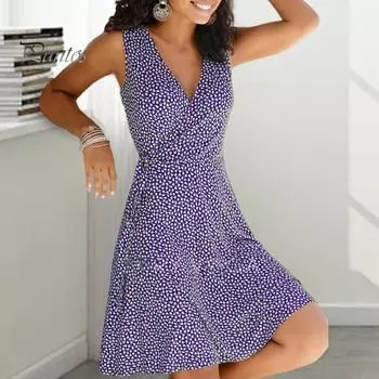 Летнее женское платье с V-образным вырезом без рукавов А-силуэта с большим подолом, приталенное, плюс размер, на шнуровке, с принтом, курортное мини-платье, короткое платье для шоппинга для свиданий XL фиолетовый