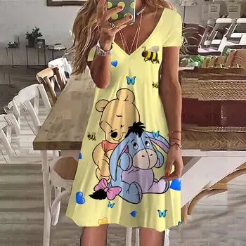 Летнее женское платье с V-образным вырезом и коротким рукавом, повседневное, с принтом Disney Winnie the Pooh, женская простая пляжная ветреная одежда S