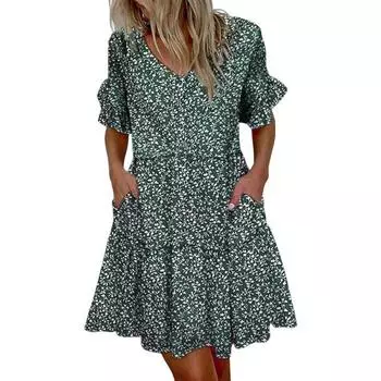 Летнее женское платье с v-образным вырезом трапециевидной формы, свободный подол, лоскутное платье с принтом, короткие рукава, боковые карманы, плиссированное повседневное мини-платье с рюшами S розовый