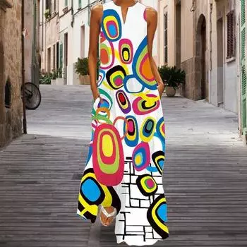 Летнее женское платье с V-образным вырезом и А-силуэтом, свободное без рукавов, с красочным принтом, макси-платье XXXL